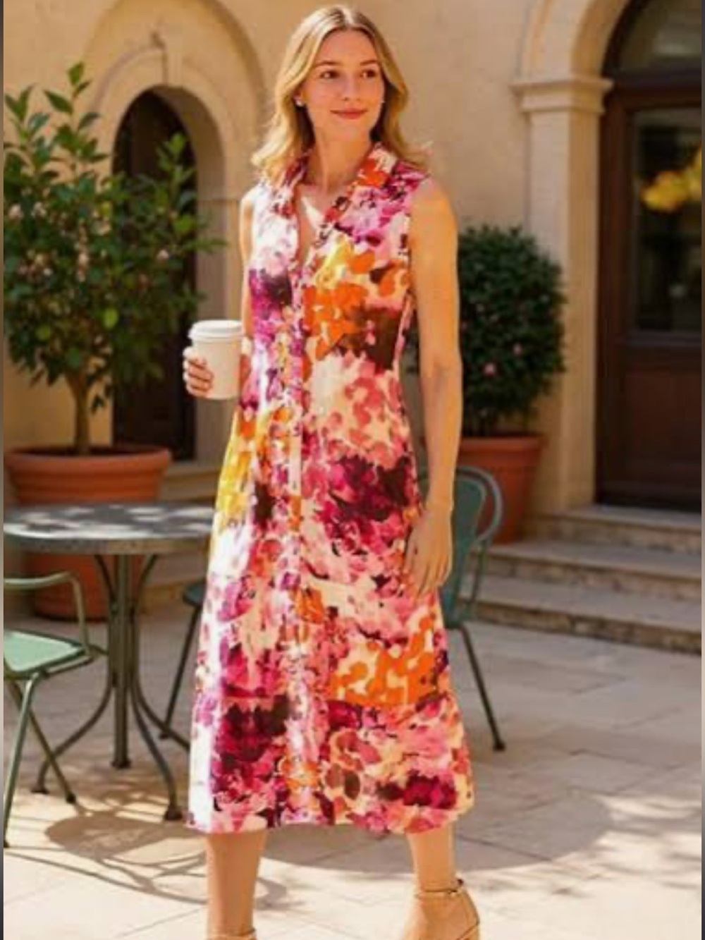 Westbound vibrant floral watercolor sleeveless collared midi